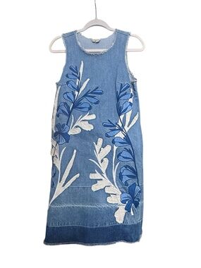 Anthropologie Holding Horses Embroidered Floral Denim Shift Dress Pockets XS
